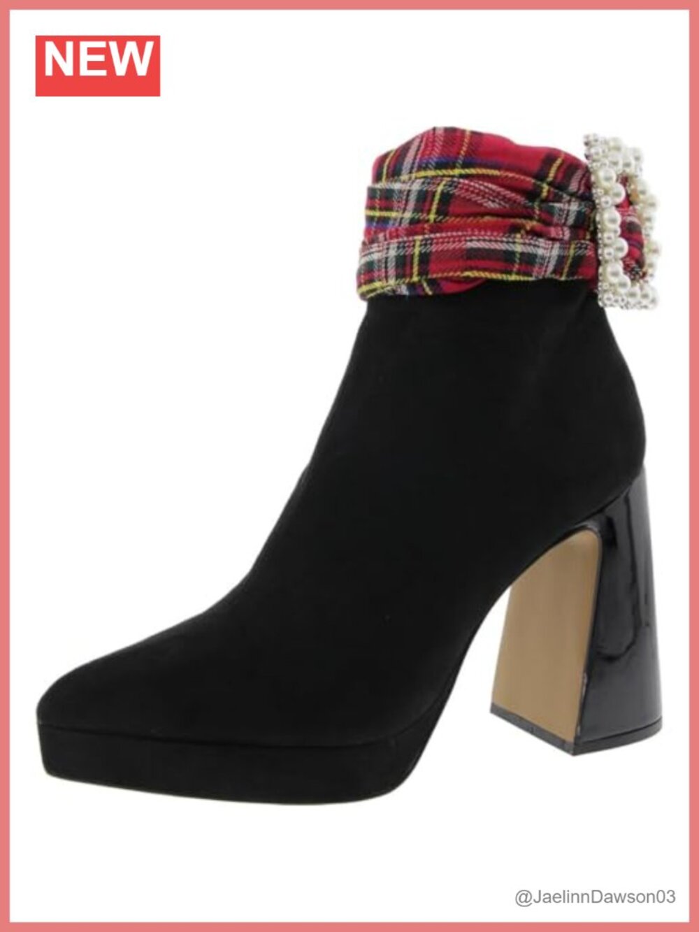 Platform Block Heel Ankle Bootie with Pearl Buckle Detail